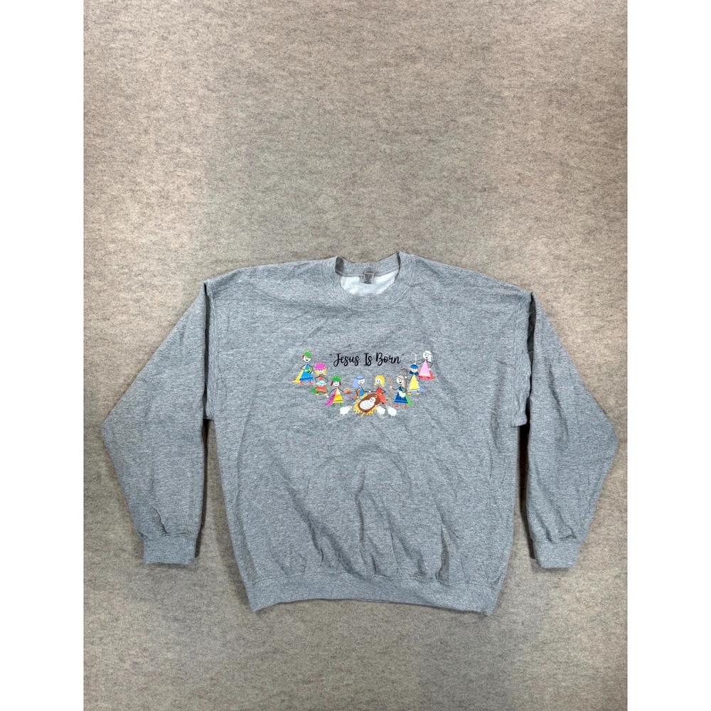 Gildan Heavy Blend Sweatshirt XL Heather Gray Jesus Is Born Nativity Graphic
